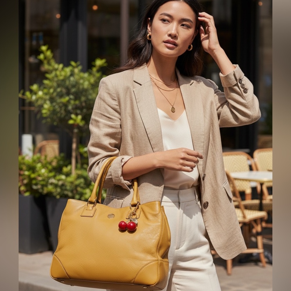 Tory Burch Tan Leather Tote with orange gold cherry keychain Charm - Picture 3 of 15